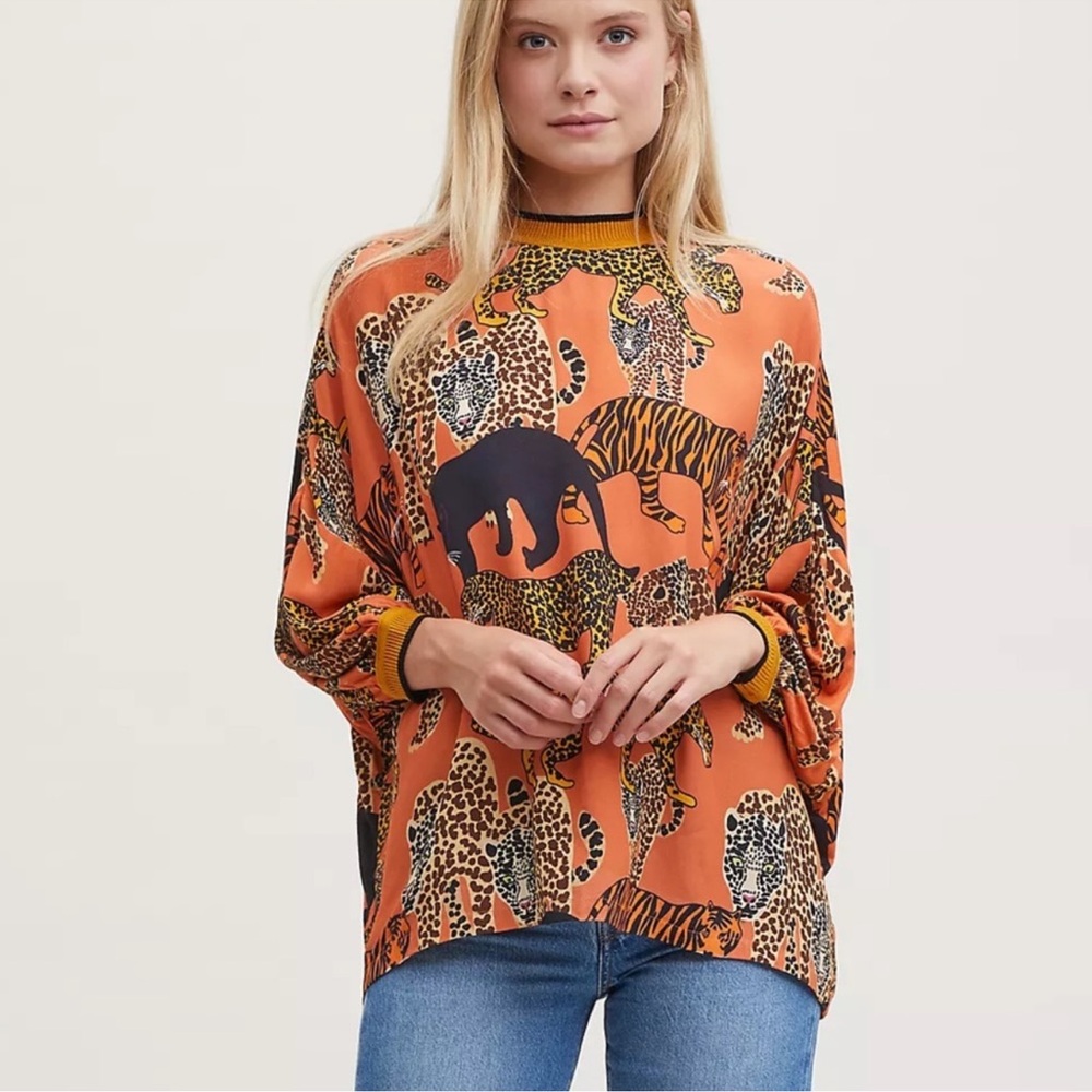 NWT Anthropologie Wildlife Safari Cheetah Top Orange Brown Animal Print Size M